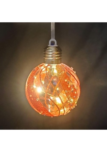 Yılbaşı Topu Ampul LED Işıklı Simli Boncuk Desenli 2'li Paket Kırmızı 7 cm .