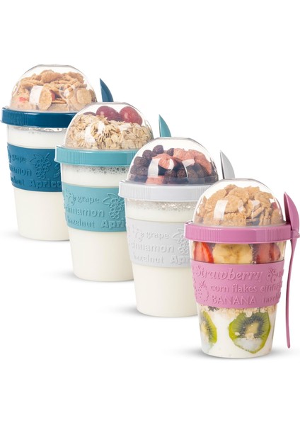 Take And Go Kaşıklı Hazneli Meyveli Yoğurt Kabı Piknik Iş Atıştırmalık Diyet Müsli Granola Süt Bardağı (4'lü Set 2)