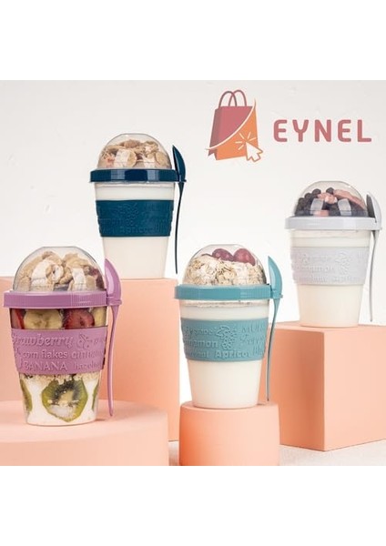 Take And Go Kaşıklı Hazneli Meyveli Yoğurt Kabı Piknik Iş Atıştırmalık Diyet Müsli Granola Süt Bardağı (4'lü Set 2) modelleri