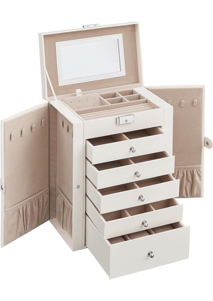 Mücevher Kutusu, 6 Seviyeli Büyük Mücevher Kutusu, Menteşeli Yan Kapılı Mücevher Kutusu, Çekmeceler, Ayna ve Kilit, Yüzükler, Küpeler İçin, Beyaz JBC152W01