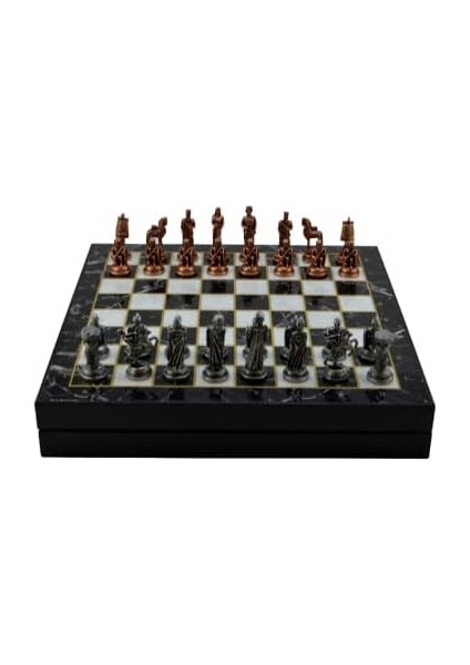 Orta Boy Metal Truva-Sparta Satranç Takımı Antik ve Mermer Desenli Sandıklı Mdf Tahtası (36 x 36 x 6 Cm.) modelleri