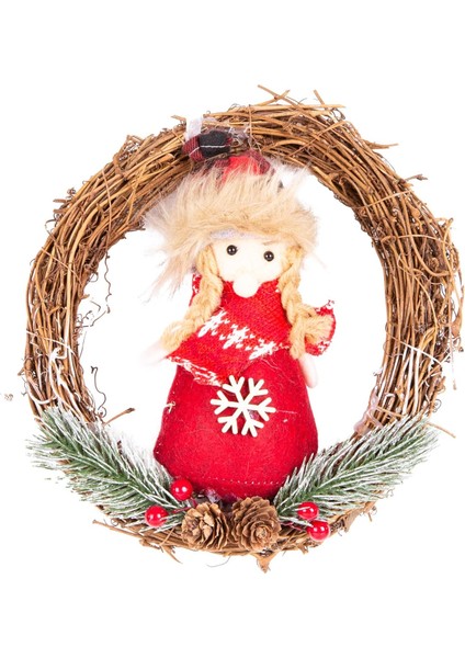 Yılbaşı Süsü Çelenk Kardan Kadın Figürlü Kırmızı 20 x 20 cm .