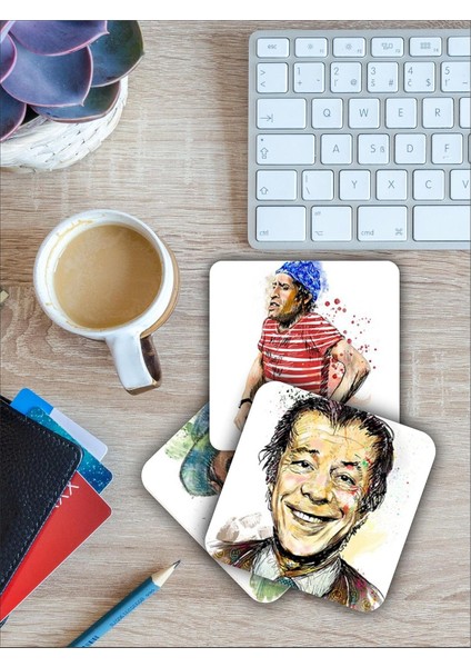 Yeşilçam Oyuncuları Temalı Ahşap Bardak Altlığı Ahşap Baskılı Altlık 6'lı Set (9 x 9cm) KARBONNM53