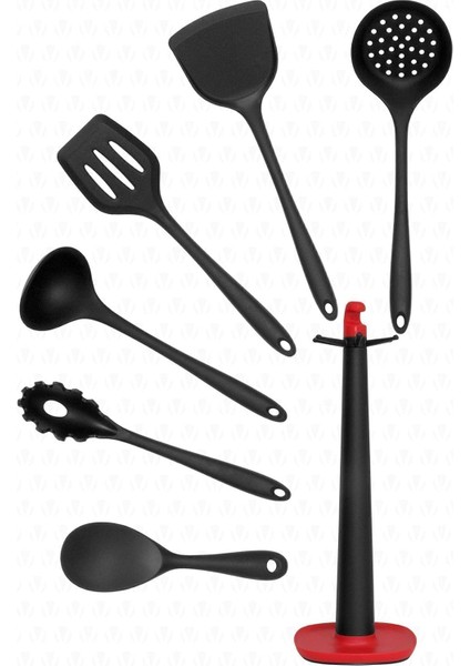 Claris Standlı Isıya Dayanıklı Yanmaz Yapışmaz Silikon Spatula Seti 7 Parça Siyah
