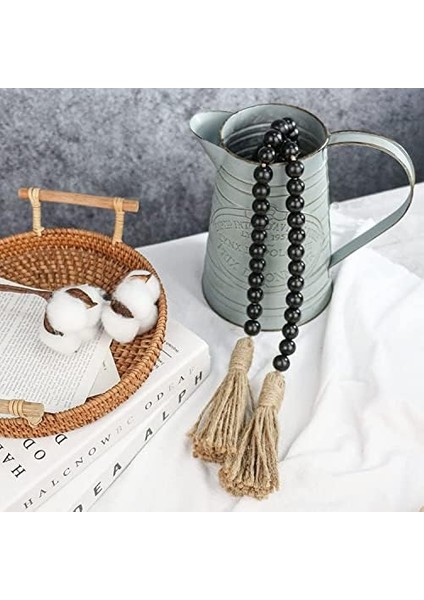 Spring Çiftlik Tarzı Boncuklar Ahşap Boncuklu Püsküllü Garland, Rustik Ülke Dekoru, Dua Boncukları, Boho Duvar Dekorasyonu, 148 cm , Siyah fiyatları