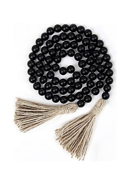 Spring Çiftlik Tarzı Boncuklar Ahşap Boncuklu Püsküllü Garland, Rustik Ülke Dekoru, Dua Boncukları, Boho Duvar Dekorasyonu, 148 cm , Siyah modelleri
