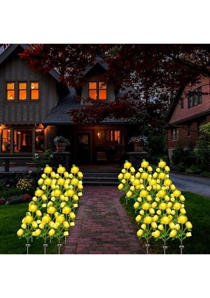 2 Adet Solar Güneş Enerjili, Sarı Gül Dalı, Gerçekliği Artırılmış, Bahçe Aydınlatması, Patika, Veranda, Balkon, Havuz Kenarı, Peyzaj Süslemeleri İçin,su Geçirmez, Beyaz Led, 80 cm Büyük Boy