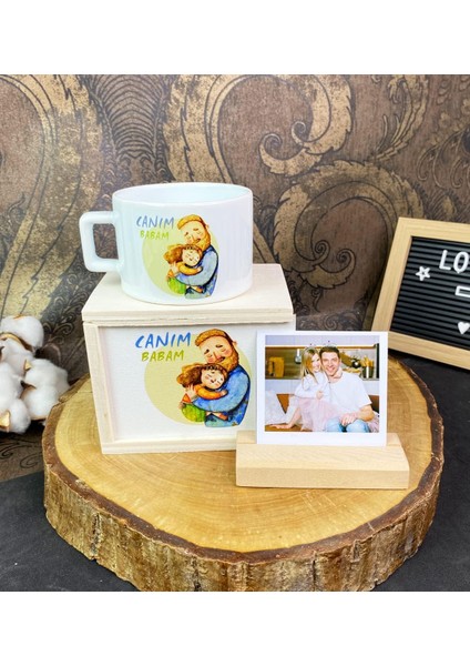 Canım Babam Tasarımlı Kutulu Kupa ve Ahşap Fotoğraf Tutucu Set
