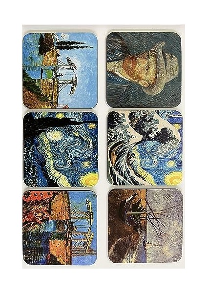 Van Gogh Temalı Ahşap Bardak Altlığı Ahşap Baskılı Altlık 6'lı Set (9 x 9 cm ) KARBONNM14