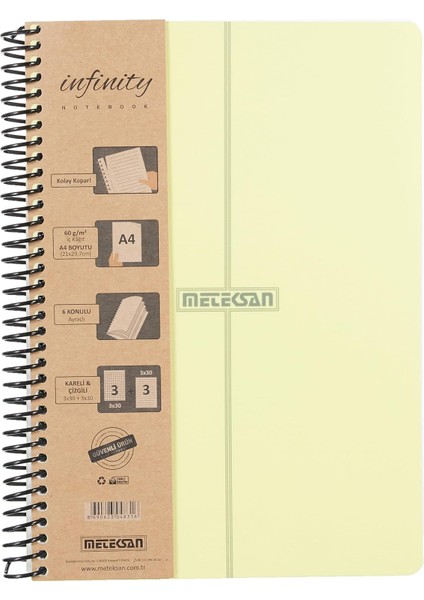 Infinity Pastel Serisi, A4, 6 Konulu (3 Kareli, 3 Çizgili) 180 Yaprak Pp Kapaklı Spiralli Defter, Sarı