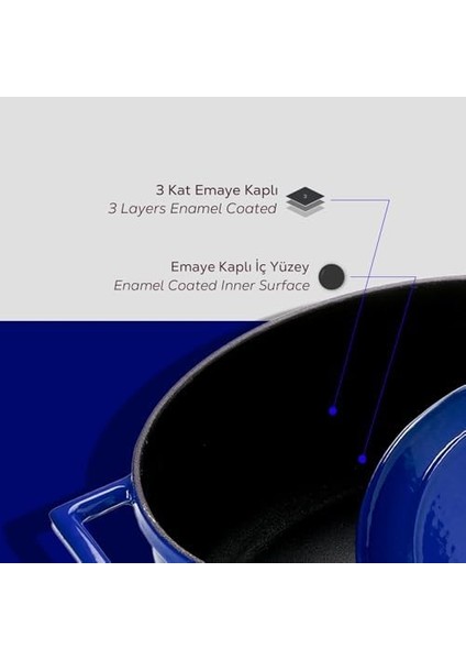 Metal Oval Döküm Tencere, 25 Cm, 3.19 L Hacim, Mavi