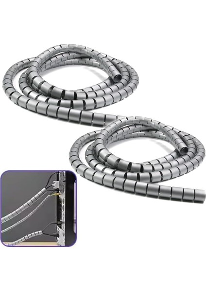 1 mt x 16 mm Spiral Boru Kablo Kanalı Kablo Fiş Düzenleyici Toplayıcı Kordon Kablo Tutucu Gri (2 Adet)