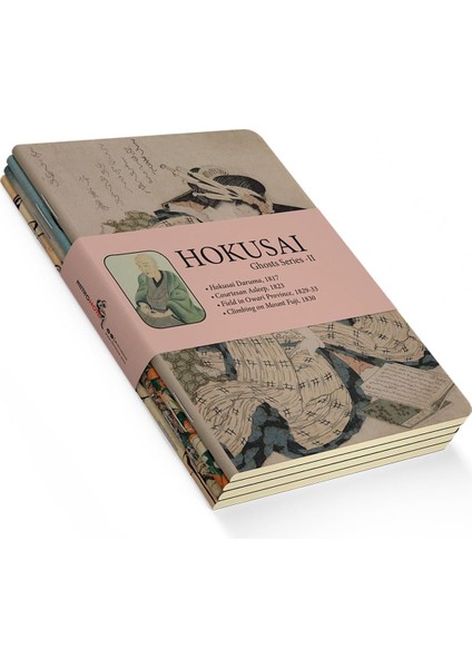 Ghosts Series Iı - A5, Hokusai 4'lü Defter Seti Iı, Çizgisiz, Toplam 256 Sayfa, Her Biri 64 Sayfa, Tel Dikiş, Esnek Kapak, Oval Kenar, Tuval Doku, 60 Gram, Sarı Krem Renk