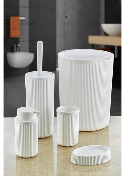 5 Parça Lüx Plastik Banyo Seti 7 Litre Dokunmatik Çöp Kovalı, Antibakteriyel Fırça (Beyaz)