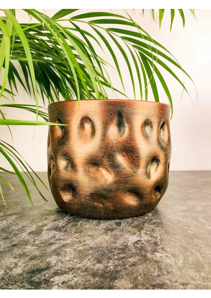 Tasarımı Ev Dekorasyon Aksesuar Bakır Desenli Toprak Saksı Saksılık Salon Çiçeklik - 19 cm