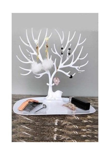 Trend Geyik Tasarımlı Takı Askısı Yüzük Kolye Küpe Standı Mücevher Organizeri Beyaz