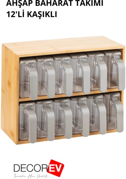 Bambu Standlı 12'li Baharatlık Seti Takımı Kaşıklı Pratik Saklama Kabı 25 Parça