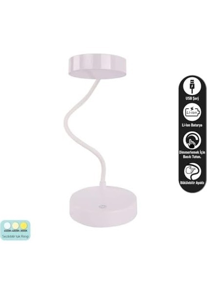 20 Led'li 2.5 Watt Şarjlı Esnek Masa Lambası, 3 Modlu Sarı-Beyaz-Gün Işığı, Dimmer Özelliği, Yatak Başucu ve Kitap Okuma Ders Çalışma Lambaları