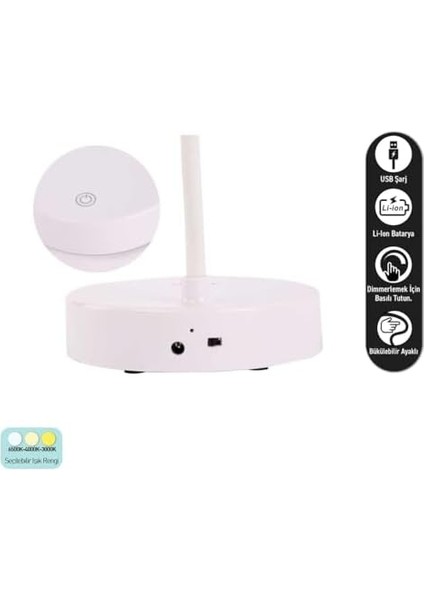 20 Led'li 2.5 Watt Şarjlı Esnek Masa Lambası, 3 Modlu Sarı-Beyaz-Gün Işığı, Dimmer Özelliği, Yatak Başucu ve Kitap Okuma Ders Çalışma Lambaları