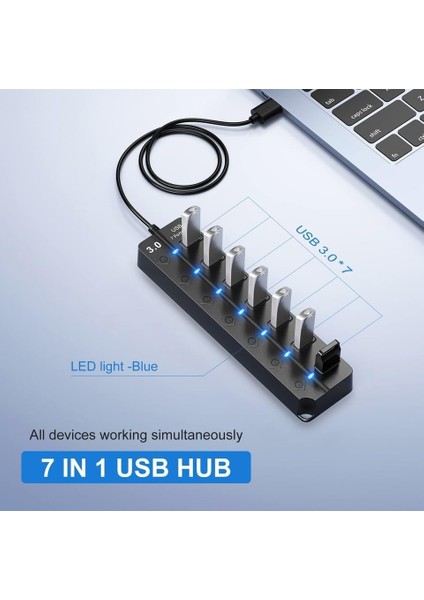 7 Bağlantı Noktalı USB Hub Bölücü Çoklu Hub USB 3.0 Adaptörü USB Çoklu Bağlantı Noktalı Anahtarlı ve Işıklı Güç Adaptörü ZR790