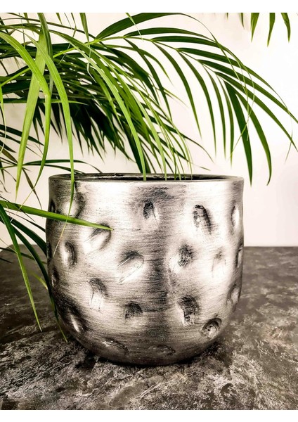 Tasarımı Ev Dekorasyon Aksesuar Gümüş Desenli Toprak Saksı Saksılık Salon Çiçeklik - 19 cm
