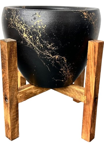 Tasarımı Ev Dekorasyon Siyah Üzeri Gold Mermer Efektli Toprak Saksı Saksılık Salon Çiçeklik 4 Ayaklı - 15 cm