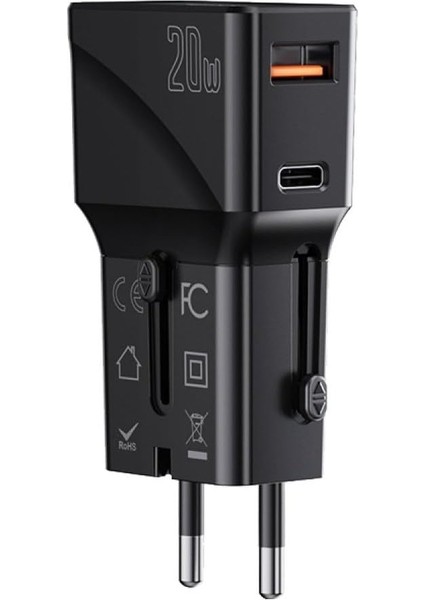 20W Type-C ve 20W USB Çıkışlı Pd Şarj Adaptörü, Ab-Çin-Abd-Au-Ingiltere Standartı ile Uyumlu