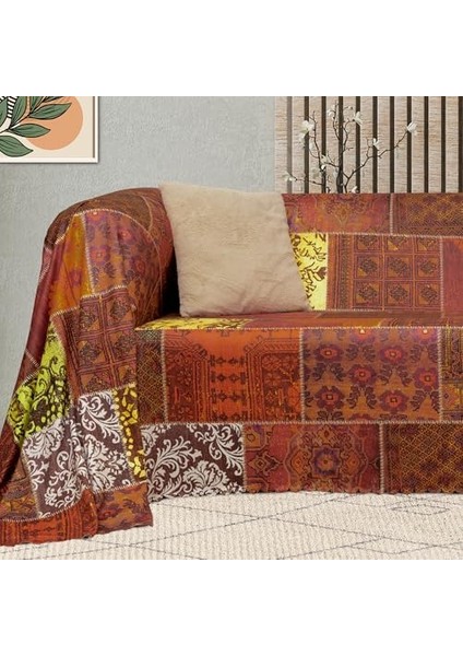 Concept Softmicro Koltuk Örtüsü | Çekyat Örtüsü | Koltuk Şalı | Etnik Desenli Boho Patchwork Kaymaz | Kiremit 180X220 cm