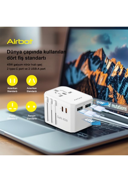 Seyahat Adaptörü 308MAX Evrensel Seyahat Fişi Adaptörü 45W Uluslararası Dünya Çapında Çoklu Adaptör USB + Tip-Cpd ile