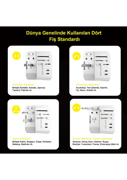 Seyahat Adaptörü 308MAX Evrensel Seyahat Fişi Adaptörü 45W Uluslararası Dünya Çapında Çoklu Adaptör USB + Tip-Cpd ile