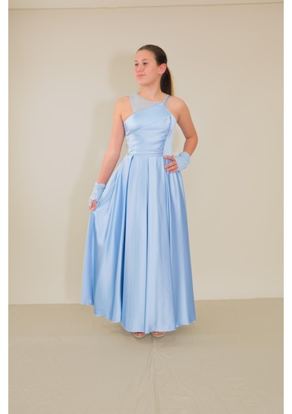 Kız Çocuk Abiye Bebe Mavi Uzun Saten Asimetrik Yaka Örgü Taş Askı Tül Eldivenli Abiye Elbise 10-15 Yaş