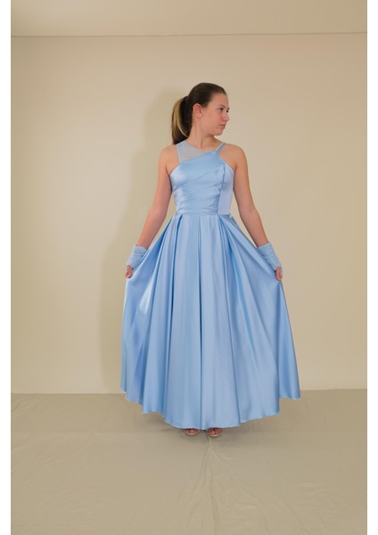Kız Çocuk Abiye Bebe Mavi Uzun Saten Asimetrik Yaka Örgü Taş Askı Tül Eldivenli Abiye Elbise 10-15 Yaş fiyatları