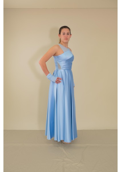 Kız Çocuk Abiye Bebe Mavi Uzun Saten Asimetrik Yaka Örgü Taş Askı Tül Eldivenli Abiye Elbise 10-15 Yaş modelleri