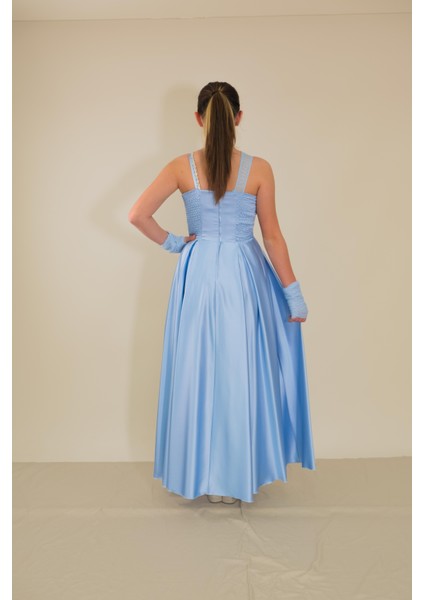 Kız Çocuk Abiye Bebe Mavi Uzun Saten Asimetrik Yaka Örgü Taş Askı Tül Eldivenli Abiye Elbise 10-15 Yaş indirimleri