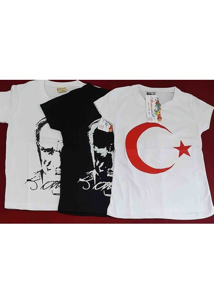 Atatürk ve Türk Bayrağı Baskılı Kız ve Erkek Çocuk T-Shirt 3'lü Paket
