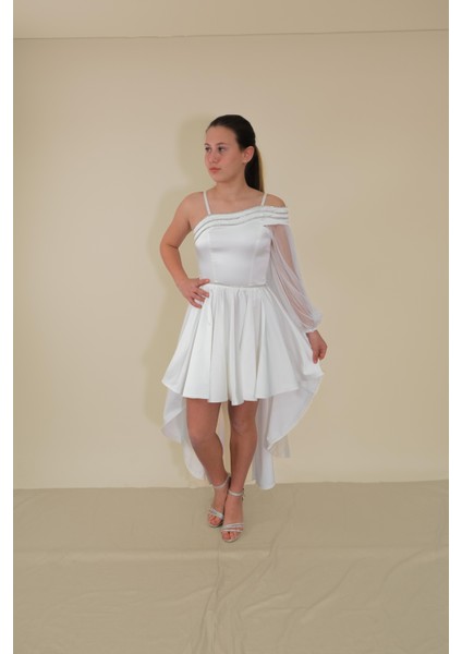 Kız Çocuk Abiye Krem Saten Kuyruklu Yaka Şerit Taşlı Tek Kol Çıkabilen Tül Abiye Elbise 10-15 Yaş modelleri