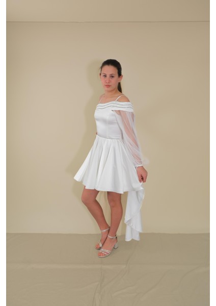 Kız Çocuk Abiye Krem Saten Kuyruklu Yaka Şerit Taşlı Tek Kol Çıkabilen Tül Abiye Elbise 10-15 Yaş fırsatları