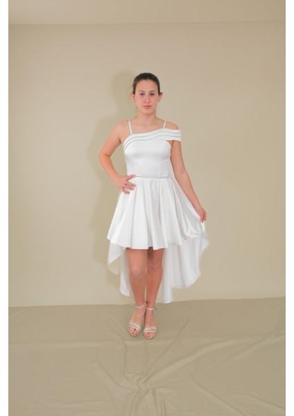 Kız Çocuk Abiye Krem Saten Kuyruklu Yaka Şerit Taşlı Tek Kol Çıkabilen Tül Abiye Elbise 10-15 Yaş indirimleri