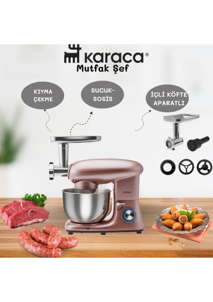Multichef Stand Mikser 6 Kademeli Hız Ayarı Balon Çırpıcı Düz Karıştırıcı Hamur Kancası Mutfak Şefi 1900W 5,5 Lt (Kıyma Çekme /sucuk-Sosis/içli Köfte Aparatlı)