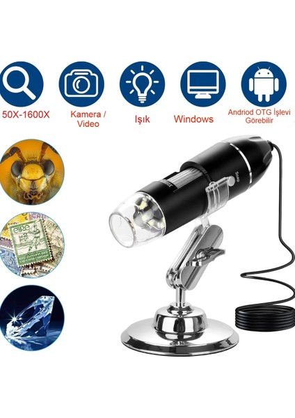 Dijital Mikroskop Analiz 8 LED 1600X Zoom 2mp USB Pc Android Uyumlu Otg Yüksek Çözünürlüklü Kamera