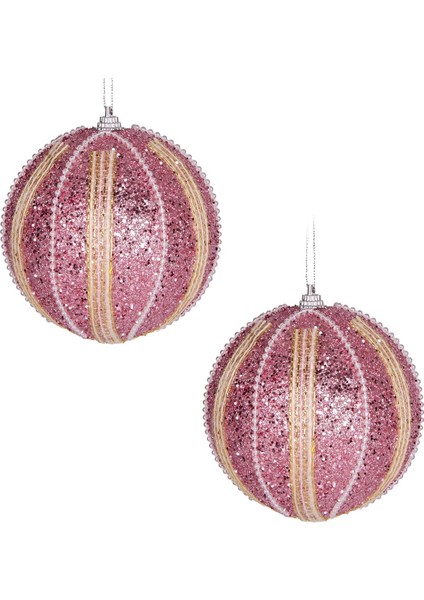 Yılbaşı Topu Şerit Inci Boncuk Figürlü 2'li Paket Pembe 9 cm .