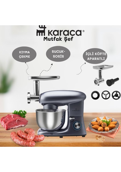 Multichef Stand Mikser 6 Kademeli Hız Ayarı Balon Çırpıcı Düz Karıştırıcı Hamur Kancası Mutfak Şefi 1900W 5,5 Lt (Kıyma Çekme /sucuk-Sosis/içli Köfte Aparatlı)