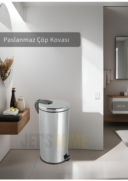 Pedallı Banyo Çöp Kovası Paslanmaz 40 Lt Mutfak Çöp Kutusu Gri