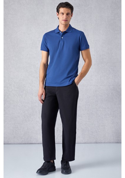 Monaghan Erkek Polo Yaka Relaxed Fit Patlı Düğmeli Kısa Kollu Mavi T-Shirt