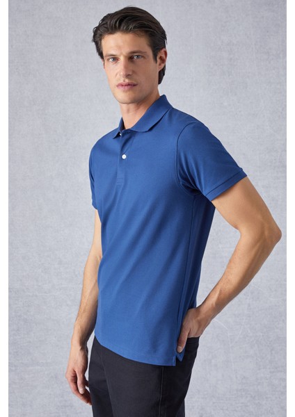 Monaghan Erkek Polo Yaka Relaxed Fit Patlı Düğmeli Kısa Kollu Mavi T-Shirt