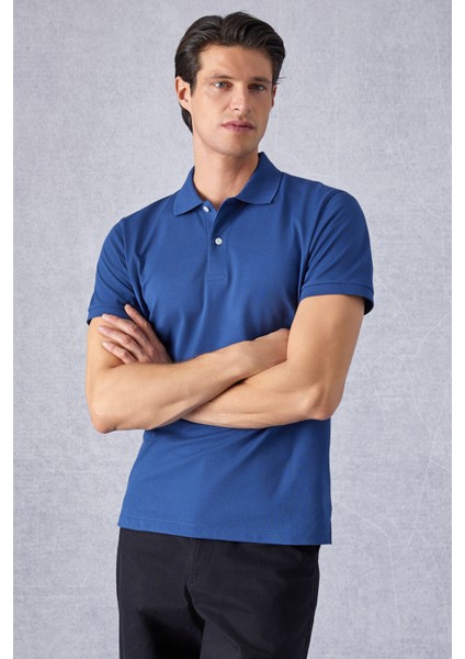 Monaghan Erkek Polo Yaka Relaxed Fit Patlı Düğmeli Kısa Kollu Mavi T-Shirt