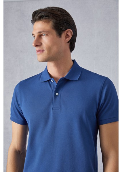 Monaghan Erkek Polo Yaka Relaxed Fit Patlı Düğmeli Kısa Kollu Mavi T-Shirt