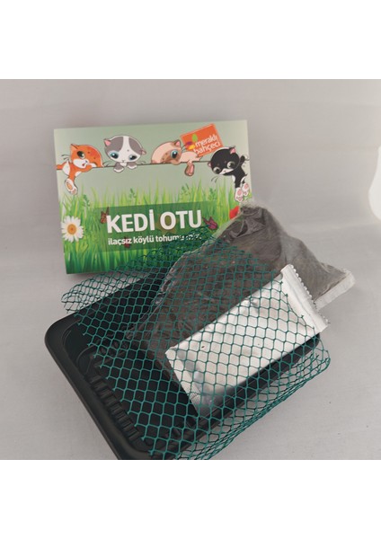 Kedi Otu Kit (Kedi Çimi Set) - Toprak, Saksı, Koruyucu File ve Tohum Seti