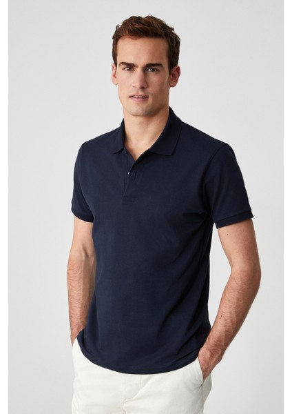 Monaghan Erkek Polo Yaka Relaxed Fit Patlı Düğmeli Kısa Kollu Lacivert T-Shirt