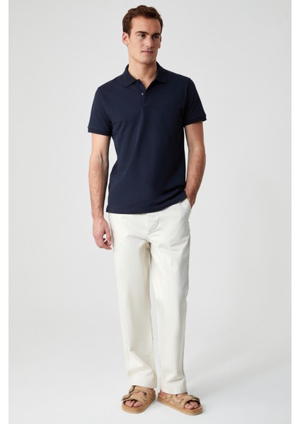 Monaghan Erkek Polo Yaka Relaxed Fit Patlı Düğmeli Kısa Kollu Lacivert T-Shirt